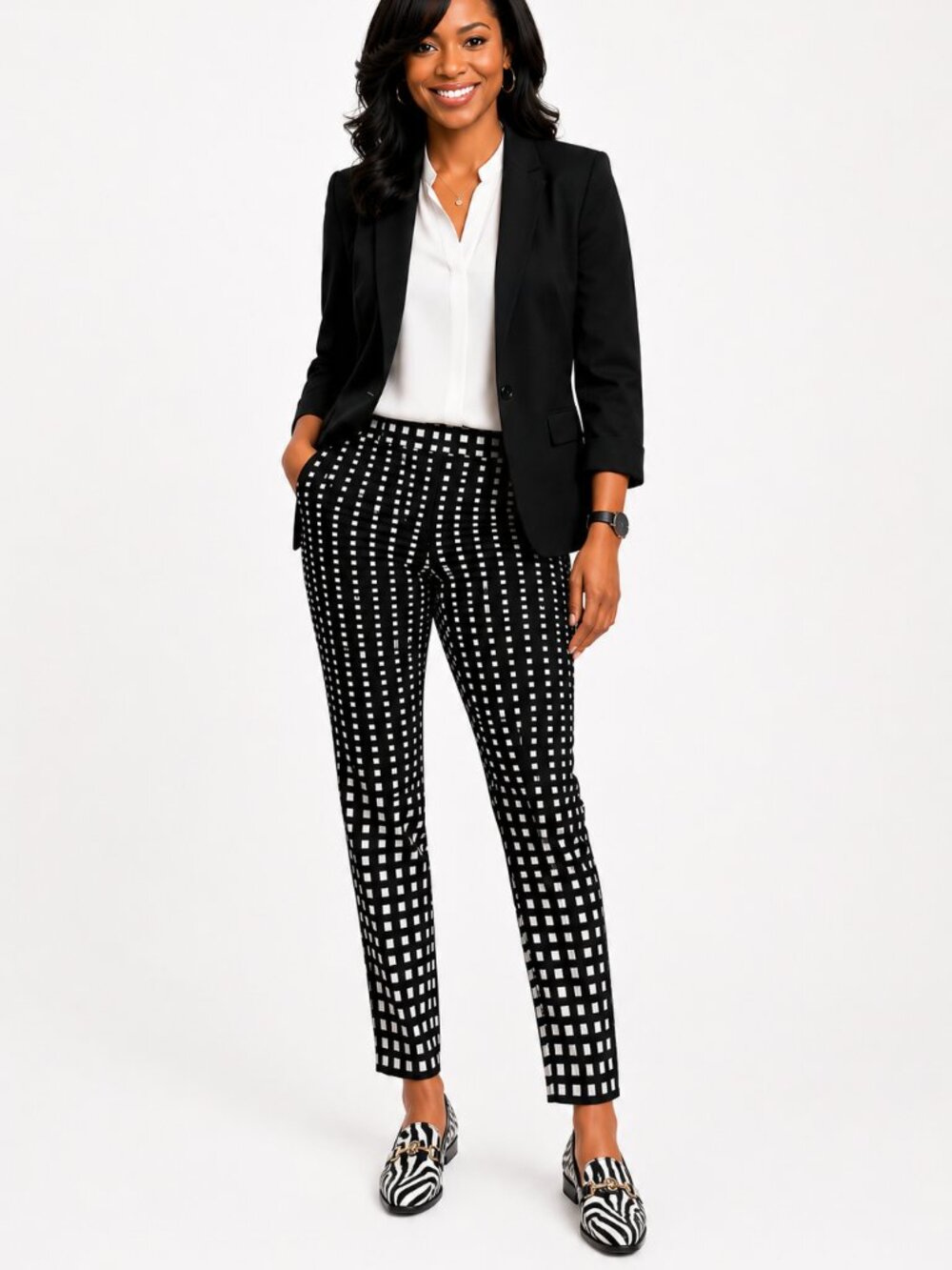 Joseph Ribkoff Check Ankle Pants Black White Stretch Gold Zip 173824
